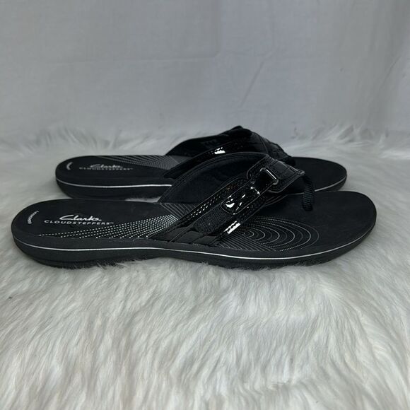 Clarks Cloudsteppers Like New Black Sea Breeze Thong Sandals Sz 9.5 - Picture 4 of 6